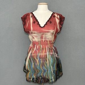 VTG Y2K Womens Top M Colorful Sheer Embroidered Artsy Fairy Boho Hippie Festival